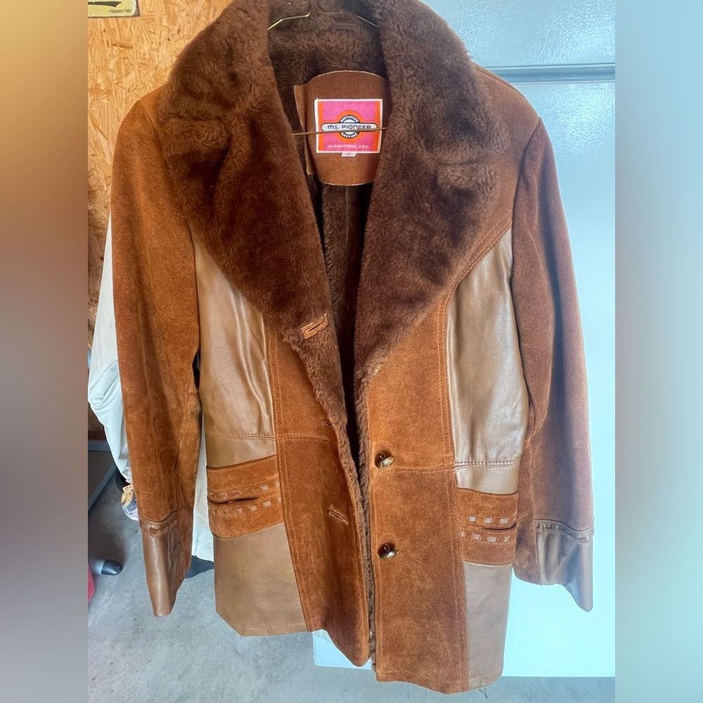 PIONEER Brown and Tan Pea Coat with Shearling Trim